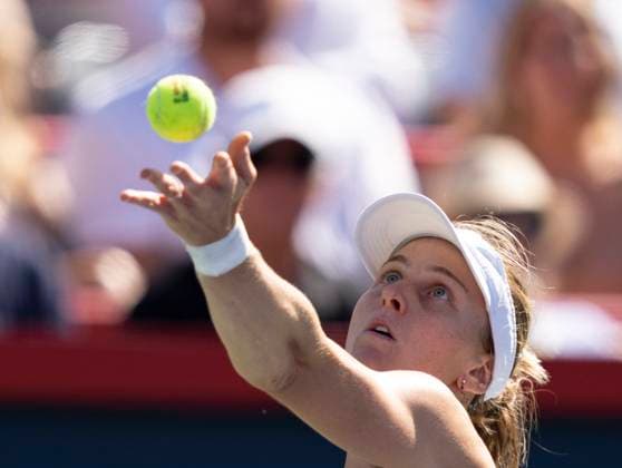 August 13, 2023, MONTREAL, PQ, Canada: Liudmila Samsonova of Russia, serves to Elena Rybakina of Kazakhstan, during semifinal action at the National Bank Open tennis tournament in Montreal, Sunday, Aug. 13, 2023. Canada News - August 13, 2023 - ZUMAc35_ 20230813_zaf_c35_043 Copyright: xChristinnexMuschix