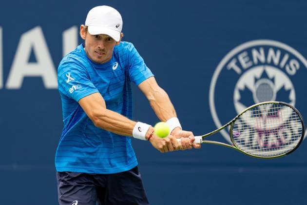 TORONTO, ON - AUGUST 13: Alex de Minaur of Australia hits a shot during final game of the National Bank Open, part of the Hologic ATP, Tennis Herren Tour, at Sobeys Stadium on August 13, 2023 in Toronto, Canada. (Photo by Julian Avram Icon Sportswire) TENNIS: AUG 13 National Bank Open EDITORIAL USE ONLY Icon2308130010