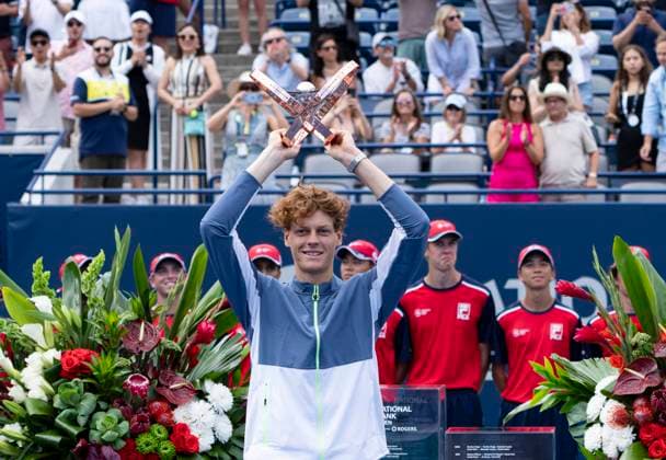 (230814) --TORONTO, Aug. 14, 2023 -- Jannik Sinner of Italy poses for photos with his trophy during the awarding ceremony after the men s singles final match between Jannik Sinner of Italy and Alex De Minaur of Australia at the 2023 National Bank Open in Toronto, Canada, on Aug. 13, 2023. (Photo by Xinhua) (SP)CANADA-TORONTO-TENNIS-NATIONAL BANK OPEN-MEN S SINGLES FINAL ZouxZheng 