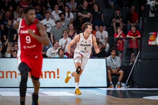 Basketball Hamburg 13.08.2023 DBB Nationalmannschaft der Männer Länderspiel Testspiel Supercup Deutschland (GER) - Kanada (CAN) Franz Wagner (Deutschland, No.09) Jubel