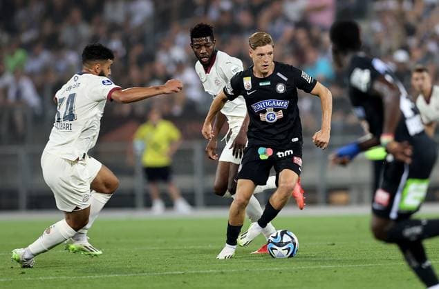 SOCCER - UEFA CL, Sturm vs Eindhoven GRAZ,AUSTRIA,15.AUG.23 - SOCCER - UEFA Champions League, qualification, SK Sturm Graz vs PSV Eindhoven. Image shows Isamel Saibari (Eindhoven) and Alexander Prass (Sturm).  GEPAxpictures xHansxOberlaender