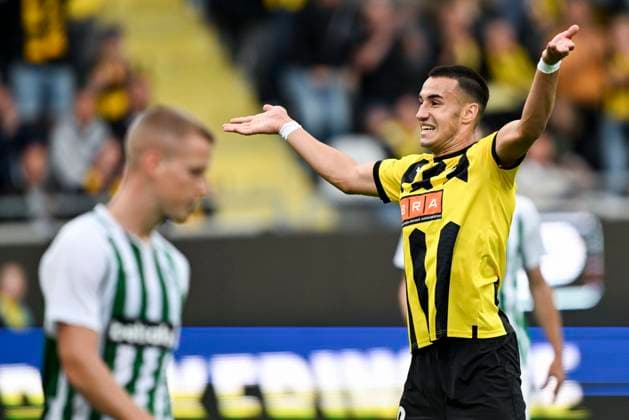 GÖTEBORG 20230817 Jubel efter 1-0 av Häckens Srdan Hrstic under torsdagens kval till Europa League mellan BK Häcken och FK Zalgiris Vilnius pa Bravida Arena. GÖTEBORG SVERIGE x9200x