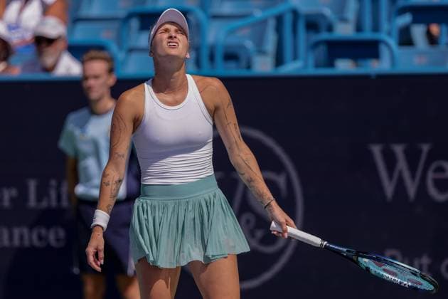August 17, 2023, Mason, Ohio, USA: Marketa Vondrousove (CZE) reacts to a shot during ThursdayÃ¢â‚¬â ¢s round of the Western and Southern Open at the Lindner Family Tennis Center, Mason, Oh. Mason USA - ZUMAs304 20230817_zaf_s304_072 Copyright: xScottxStuartx