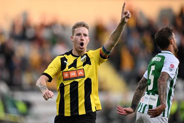 GÖTEBORG 20230817 Häckens Samuel Gustafsson jublar efter sitt 2-0-mal under torsdagens kval till Europa League mellan BK Häcken och FK Zalgiris Vilnius pa Bravida Arena. GÖTEBORG SVERIGE x9200x