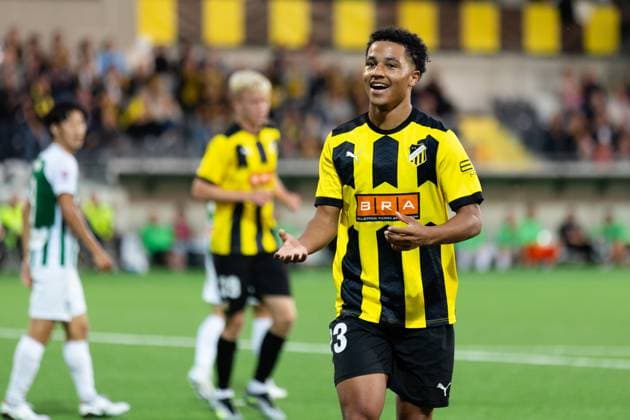 230817 Momodou Lamin Sonko of Häcken celebrates after scoring 5-0 during the UEFA Europa League qualification match between BK Häcken and Zalgiris Vilnius on August 17, 2023 in Göteborg. Photo: Michael Erichsen BILDBYRAN COP 89 MI0522 bbeng bk häcken football fotball fotboll kval qualification qualifying round soccer uefa europa league zalgiris vilnius jubel Copyright: MICHAELxERICHSEN BB230817MI092