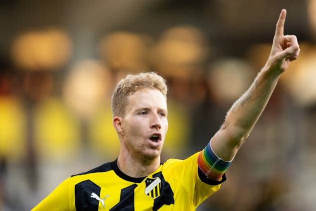230817 Samuel Gustafson of Häcken celebrates after 2-0 during the UEFA Europa League qualification match between BK Häcken and Zalgiris Vilnius on August 17, 2023 in Göteborg. Photo: Michael Erichsen BILDBYRAN COP 89 MI0522 bbeng bk häcken football fotball fotboll kval qualification qualifying round soccer uefa europa league zalgiris vilnius jubel Copyright: MICHAELxERICHSEN BB230817MI100