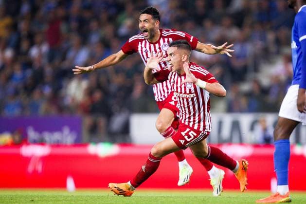 KRC Genk v Olympiacos - UEFA Europa League Qualifying GENK, BELGIUM - AUGUST 17 : Sotirios Alexandropoulos defender of Olympiacos FC celebrates after scoring the 1-1 goal during the second leg match of the UEFA Europa League season 2023 - 2024 third qualifying round between KRC Genk and Olympiacos on August 17, 2023 in Genk, BELGIUM, 17 08 2023 ( Genk BELGIUM  Copyright: xTsx