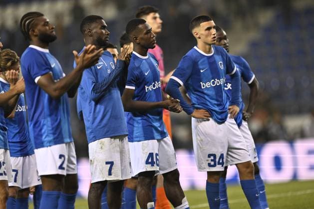 Genk s Mark McKenzie, Genk s Alieu Fadera, Genk s Carlos Cuesta and Genk s Bilal El Khannouss look dejected after losing a soccer game between Belgian KRC Genk and Greek Olympiacos F.C., Thursday 17 August 2023 in Genk, the second leg of the third qualifying round for the UEFA Europa League competition. JOHAN EYCKENS JohanxEyckens  x72172712x