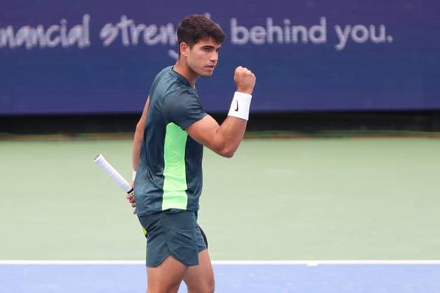 CINCINNATI, OH - AUGUST 17: Carlos Alcaraz of Spain reacts during the third round at the Western & Southern Open at Lindner Family Tennis Center on August 17, 2023 in Mason, Ohio. (Photo by Ian Johnson Icon Sportswire) TENNIS: AUG 17 Western & Southern Open EDITORIAL USE ONLY Icon230817039