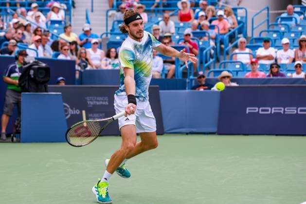August 17, 2023, Mason, Ohio, USA: Stefanos Tsitsipas (GRE) in action during ThursdayÃ¢â‚¬â ¢s round of the Western and Southern Open at the Lindner Family Tennis Center, Mason, Oh. Mason USA - ZUMAs304 20230817_zaf_s304_137 Copyright: xScottxStuartx