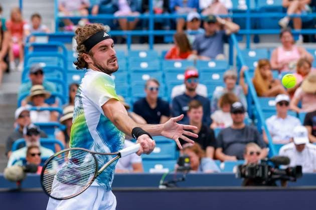August 17, 2023, Mason, Ohio, USA: Stefanos Tsitsipas (GRE) hits a forehand shot during ThursdayÃ¢â‚¬â ¢s round of the Western and Southern Open at the Lindner Family Tennis Center, Mason, Oh. Mason USA - ZUMAs304 20230817_zaf_s304_141 Copyright: xScottxStuartx