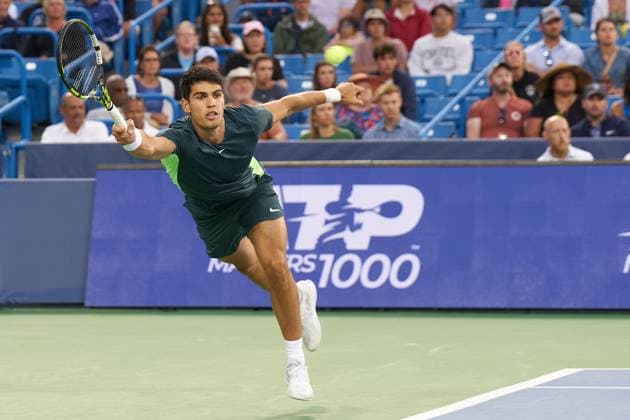 Carlos Alcaraz of Spain plays against Tommy Paul of USA on August 17th of the Western & Southern Open 2023 at the Lindner Family Tennis Center in Mason, Ohio. (Photo by Camilla Stolen Imago) Cincinnati USA Copyright: xCamillaxStolenx L1100174
