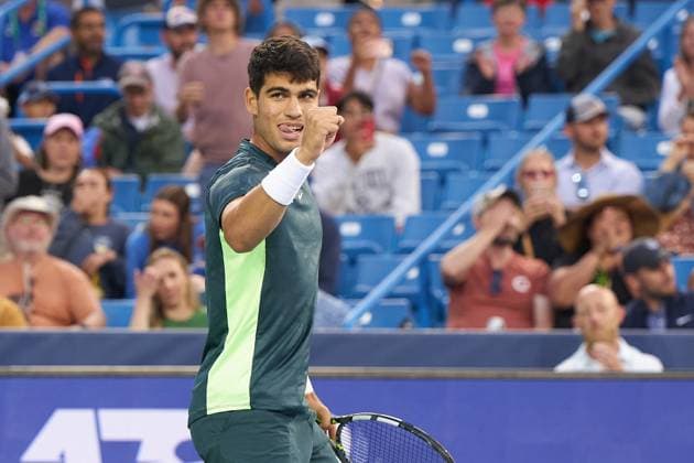 Carlos Alcaraz of Spain celebrates his win against Tommy Paul of USA on August 17th of the Western & Southern Open 2023 at the Lindner Family Tennis Center in Mason, Ohio. (Photo by Camilla Stolen Imago) Cincinnati USA Copyright: xCamillaxStolenx L1100236 1
