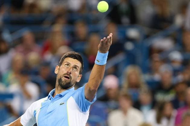 CINCINNATI, OH - AUGUST 17: Novak Djokovic of Serbia serves during the third round at the Western & Southern Open at Lindner Family Tennis Center on August 17, 2023 in Mason, Ohio. (Photo by Ian Johnson Icon Sportswire) TENNIS: AUG 17 Western & Southern Open EDITORIAL USE ONLY Icon230817081