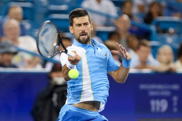 CINCINNATI, OH - AUGUST 17: Novak Djokovic of Serbia hits a forehand during the third round at the Western & Southern Open at Lindner Family Tennis Center on August 17, 2023 in Mason, Ohio. (Photo by Ian Johnson Icon Sportswire) TENNIS: AUG 17 Western & Southern Open EDITORIAL USE ONLY Icon230817084