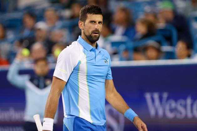CINCINNATI, OH - AUGUST 17: Novak Djokovic of Serbia looks toward the crowd during the third round at the Western & Southern Open at Lindner Family Tennis Center on August 17, 2023 in Mason, Ohio. (Photo by Ian Johnson Icon Sportswire) TENNIS: AUG 17 Western & Southern Open EDITORIAL USE ONLY Icon230817085