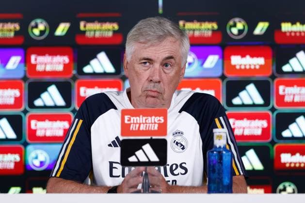 Sport Themen der Woche KW33 August 18, 2023, VALDEBEBAS, MADRID, SPAIN: Carlo Ancelotti attends his press conference, PK, Pressekonferenz after the training day of Real Madrid celebrated at Ciudad Deportiva Real Madrid on August 18, 2023, in Valdebebas, Madrid, Spain. VALDEBEBAS SPAIN - ZUMAa181 20230818_zaa_a181_024 Copyright: xOscarxJ.xBarrosox