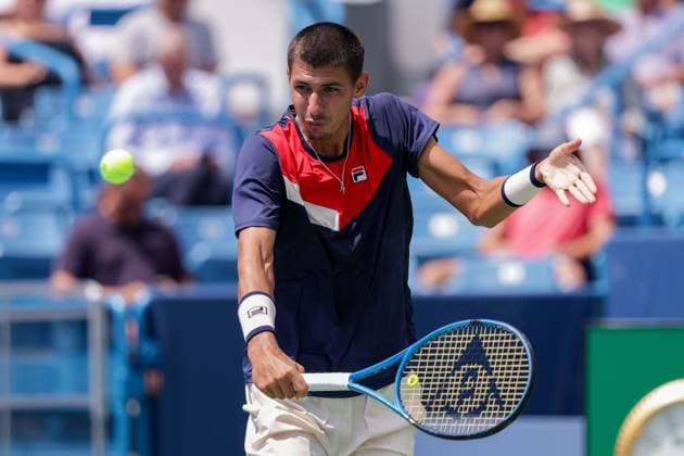 August 18, 2023, Mason, Ohio, USA: Alexei Popyrin (AUS) hits a backhand shot during FridayÃ¢â‚¬â ¢s round of the Western and Southern Open at the Lindner Family Tennis Center, Mason, Oh. Mason USA - ZUMAs304 20230818_zaf_s304_071 Copyright: xScottxStuartx