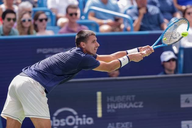 August 18, 2023, Mason, Ohio, USA: Alexei Popyrin (AUS) stretches to hit a two-handed backhand during FridayÃ¢â‚¬â ¢s round of the Western and Southern Open at the Lindner Family Tennis Center, Mason, Oh. Mason USA - ZUMAs304 20230818_zaf_s304_079 Copyright: xScottxStuartx