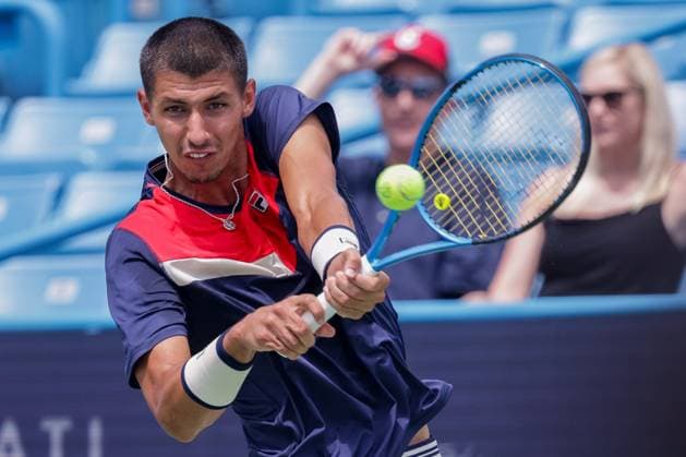 August 18, 2023, Mason, Ohio, USA: ALEXEI POPYRIN (AUS) hits a two-handed backhand during Friday s round of the Western and Southern Open at the Lindner Family Tennis Center. Popyrin lost 6-1, 7-6. Mason USA - ZUMAs304 20230818_zaf_s304_063 Copyright: xScottxStuartx