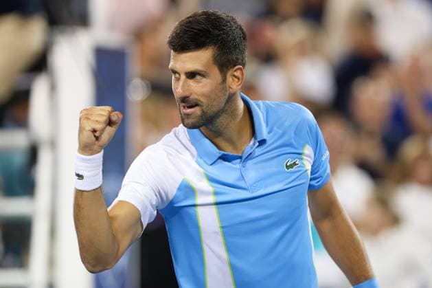 CINCINNATI, OH - AUGUST 18: Novak Djokovic of Serbia reacts after defeating Taylor Fritz of the United States after their quarterfinal match at the Western & Southern Open at Lindner Family Tennis Center on August 18, 2023 in Mason, Ohio. (Photo by Ian Johnson Icon Sportswire) TENNIS: AUG 18 Western & Southern Open EDITORIAL USE ONLY Icon230818080