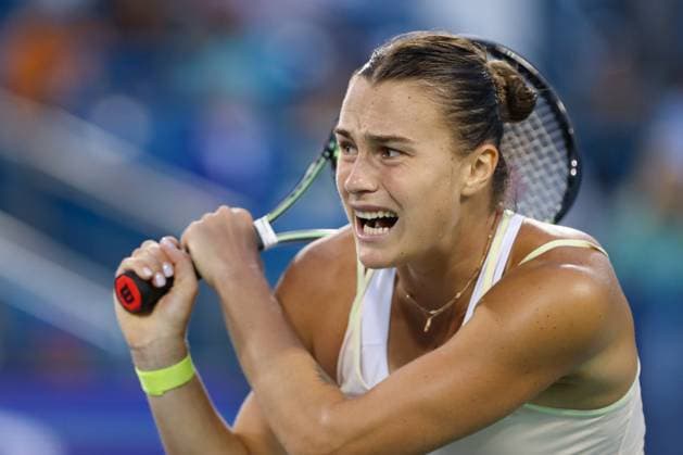 CINCINNATI, OH - AUGUST 18: Aryna Sabalenka of Belarus reacts during the quarterfinal round at the Western & Southern Open at Lindner Family Tennis Center on August 18, 2023 in Mason, Ohio. (Photo by Ian Johnson Icon Sportswire) TENNIS: AUG 18 Western & Southern Open EDITORIAL USE ONLY Icon230818109