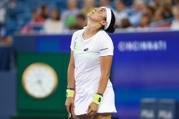 CINCINNATI, OH - AUGUST 18: Ons Jabeur of Tunisia reacts during the quarterfinal round at the Western & Southern Open at Lindner Family Tennis Center on August 18, 2023 in Mason, Ohio. (Photo by Ian Johnson Icon Sportswire) TENNIS: AUG 18 Western & Southern Open EDITORIAL USE ONLY Icon230818113