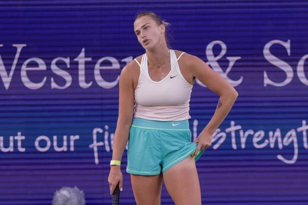August 18, 2023, Mason, Ohio, USA: Aryna Sabalenka (BLR) reacts to a shot during FridayÃ¢â‚¬â ¢s round of the Western and Southern Open at the Lindner Family Tennis Center, Mason, Oh. Mason USA - ZUMAs304 20230818_zaf_s304_186 Copyright: xScottxStuartx