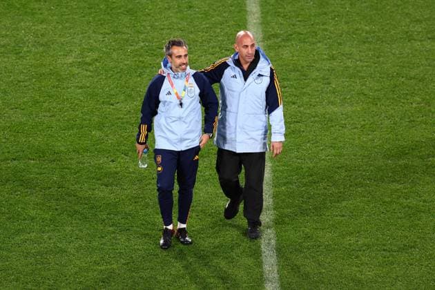 England press conference, PK, Pressekonferenz 19 August 2023, Sydney - Women™s World Cup 2023 - England Stadium Familiarisation - Spain head coach Jorge Vilda and Luis Rubiales, president of the Royal Spanish Football Federation - Photo: Charlotte Wilson Offside. Sydney Australia Copyright: xCharlottexWilsonx xOffsidexOffside