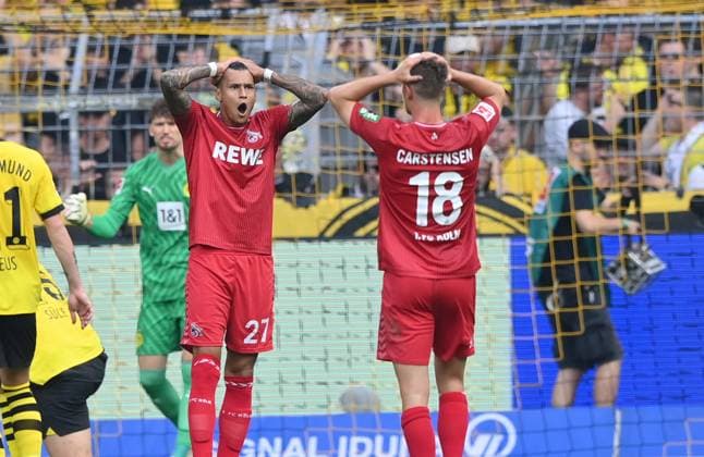 Bilder des Jahres 2023, Sport 08 August Sport Themen der Woche KW33 Sport Bilder des Tages Davie Selke (1.FC Koeln), Rasmus Carstensen (1.FC Koeln), v.li. 19.08.2023, Fussball GER, Saison 2023 2024, 1. Bundesliga, 1. Spieltag, Borussia Dortmund - 1. FC Köln Dortmund Signal Iduna Park Nordrhein Westfalen Deutschland *** Davie Selke 1 FC Koeln , Rasmus Carstensen 1 FC Koeln , v li 19 08 2023, Football GER, Season 2023 2024, 1 Bundesliga, 1 Matchday, Borussia Dortmund 1 FC Köln Dortmund Signal Iduna Park Nordrhein Westfalen Germany Team2