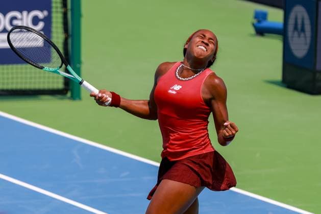 August 19, 2023, Mason, Ohio, USA: Coco Gauff (USA) celebrates her semifinal win at SaturdayÃ¢â‚¬â ¢s round of the Western and Southern Open at the Lindner Family Tennis Center, Mason, Oh. Mason USA - ZUMAs304 20230819_zaf_s304_070 Copyright: xScottxStuartx