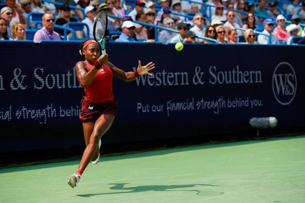 CINCINNATI, OH - AUGUST 19: Coco Gauff of the United States hits a forehand during the semifinal round at the Western & Southern Open at Lindner Family Tennis Center on August 19, 2023 in Mason, Ohio. (Photo by Ian Johnson Icon Sportswire) TENNIS: AUG 19 Western & Southern Open EDITORIAL USE ONLY Icon230819028