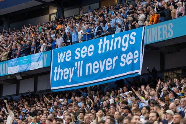 Football - FA Premier League - Manchester City FC v Newcastle United FC MANCHESTER, ENGLAND - Saturday, August 19, 2023: Manchester City supporters banner We see things they ll never see during the FA Premier League match between Manchester City FC and Newcastle United FC at the City of Manchester Stadium. MANCHESTER City of Manchester Stadium GREATER MANCHESTER ENGLAND  Copyright: xDavidxRawcliffex P2023-08-19-Burnley_Man_City-3