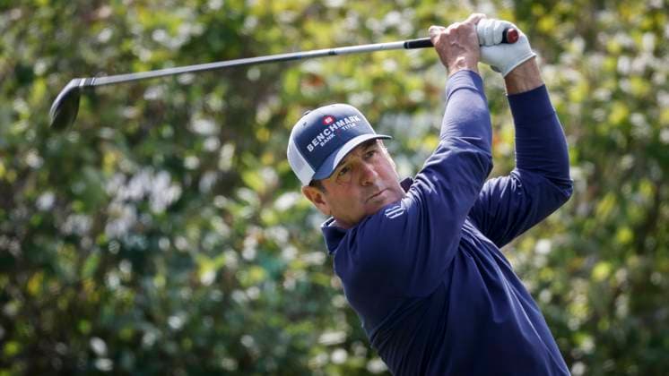 August 19, 2023, Calgary, AB, CANADA: Harrison Frazar, of the United States, hits from the second tee during round two of the PGA, Golf Herren Tour Champions Shaw Charity Classic golf event in Calgary, Alta., Saturday, Aug. 19, 2023. Harrison Frazar  - ZUMAc35_ 20230819_zaf_c35_004 Copyright: xJeffxMcintoshx
