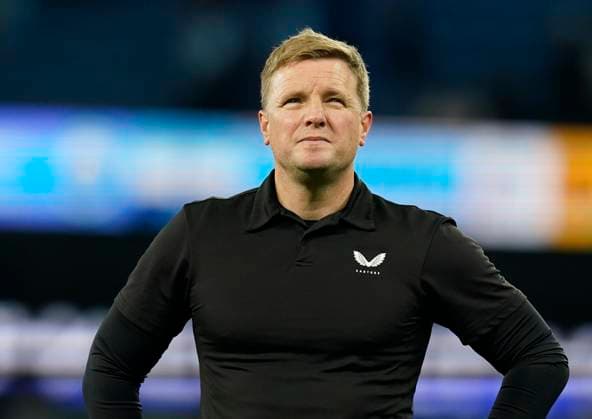 Manchester, England, 19th August 2023. Eddie Howe manager of Newcastle United during the Premier League match at the Etihad Stadium, Manchester. Picture credit should read: Andrew Yates Sportimage EDITORIAL USE ONLY. No use with unauthorised audio, video, data, fixture lists, club league logos or live services. Online in-match use limited to 120 images, no video emulation. No use in betting, games or single club league player publications. SPI-2529-0107