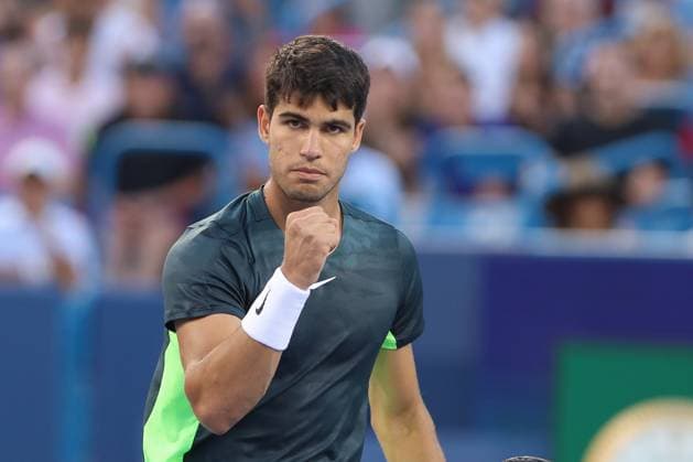 CINCINNATI, OH - AUGUST 19: Carlos Alcaraz of Spain reacts during the semifinal round at the Western & Southern Open at Lindner Family Tennis Center on August 19, 2023 in Mason, Ohio. (Photo by Ian Johnson Icon Sportswire) TENNIS: AUG 19 Western & Southern Open EDITORIAL USE ONLY Icon230819084