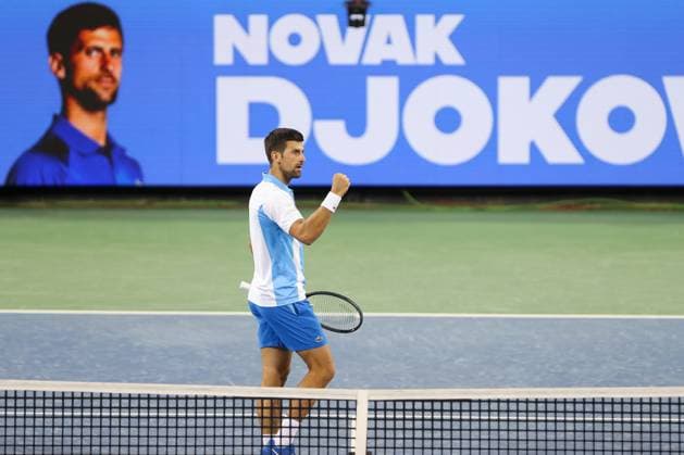 CINCINNATI, OH - AUGUST 19: Novak Djokovic of Serbia reacts after defeating Alexander Zverev of Germany and advancing to the finals. During the semifinal round at the Western & Southern Open at Lindner Family Tennis Center on August 19, 2023 in Mason, Ohio. (Photo by Ian Johnson Icon Sportswire) TENNIS: AUG 19 Western & Southern Open EDITORIAL USE ONLY Icon230819123