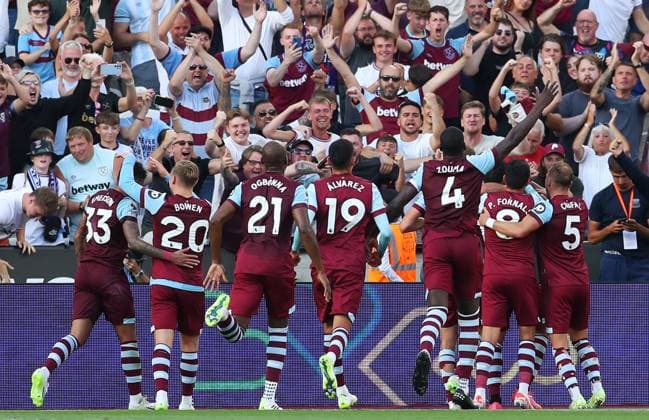 West Ham United v Chelsea, London, UK - 20 Aug 2023 Goal celebrations for Lucas Paqueta of West Ham United during the Premier League match between West Ham United and Chelsea at The London Stadium, London on 20 August 2023 ( London The London Stadium London England Copyright: xMicahxCrook PPAUKx PPA-046577