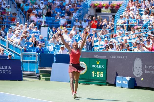 CINCINNATI, OH - AUGUST 20: Coco Gauff of the United States tosses her racket after defeating Karolina Muchova of the Czech Republic 6-3, 6-4. In the final round at the Western & Southern Open at Lindner Family Tennis Center on August 20, 2023 in Mason, Ohio. (Photo by Ian Johnson Icon Sportswire) TENNIS: AUG 20 Western & Southern Open EDITORIAL USE ONLY Icon230820029