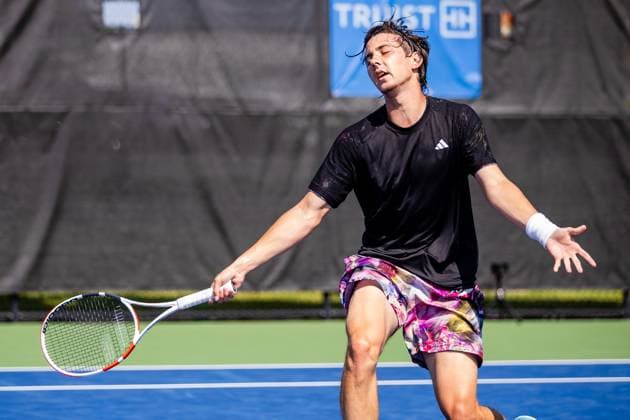 August 20, 2023: Alexander Shevchenko reacts after missing a shot against Marc-Andrea Huesler during the first round of 2023 Winston-Salem Open at Wake Forest Tennis Complex in Wnston-Salem, NC. ( ) Wnston-Salem United States - ZUMAc04_ 20230820_zma_c04_342 Copyright: xScottxKinserx