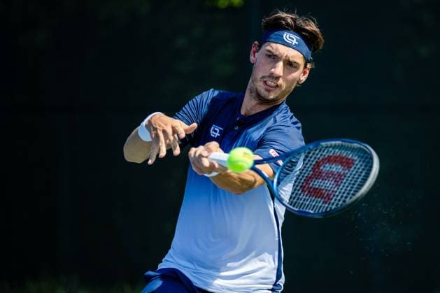 August 20, 2023: Marc-Andrea Huesler returns a serve against Alexander Shevchenko during the first round of 2023 Winston-Salem Open at Wake Forest Tennis Complex in Wnston-Salem, NC. ( ) Wnston-Salem United States - ZUMAc04_ 20230820_zma_c04_346 Copyright: xScottxKinserx