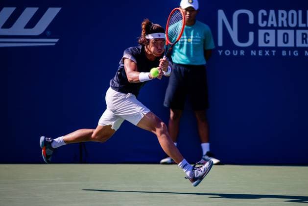 August 20, 2023: Zhizhen Zhang returns the ball during the first round of the 2023 Winston-Salem Open at Wake Forest Tennis Complex in Wnston-Salem, NC. ( ) Wnston-Salem United States - ZUMAc04_ 20230820_zma_c04_371 Copyright: xScottxKinserx