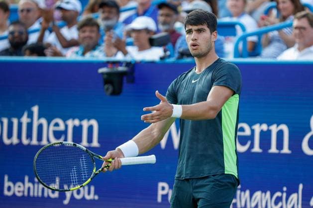 CINCINNATI, OH - AUGUST 20: Carlos Alcaraz of Spain reacts during the final round at the Western & Southern Open at Lindner Family Tennis Center on August 20, 2023 in Mason, Ohio. (Photo by Ian Johnson Icon Sportswire) TENNIS: AUG 20 Western & Southern Open EDITORIAL USE ONLY Icon230820048