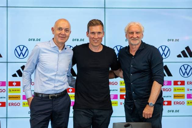 Frankfurt am Main, DFB-Campus, 21.08.2023, DFB Pressekonferenz Vorstellung neuer Direktor Nachwuchs, Training und Entwicklung, v.l. neuer Direktor Nachwuchs, Training und Entwicklung Hannes Wolf, DFB-Präsident Bernd Neuendorf, Sportdirektor Rudi Völler Frankfurt am Main DFB-Campus Hessen Deutschland