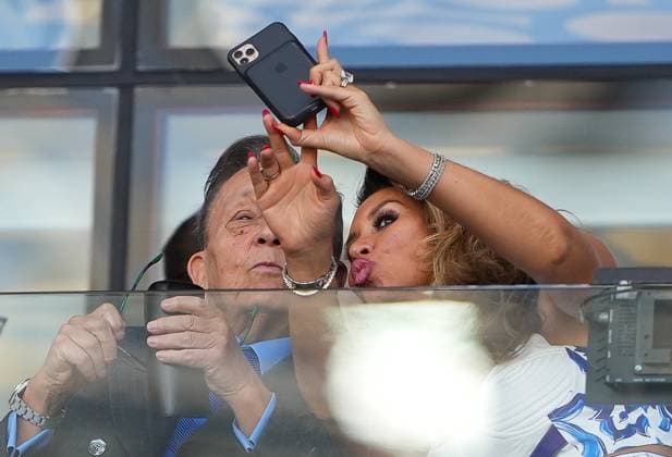 West Ham United co owner David Sullivan and girlfriend Ampika Pickston during the Premier League match between West Ham United and Chelsea at the Olympic Park, London, England on 20 August 2023. Copyright: xAndyxRowlandx PMI-5722-0031