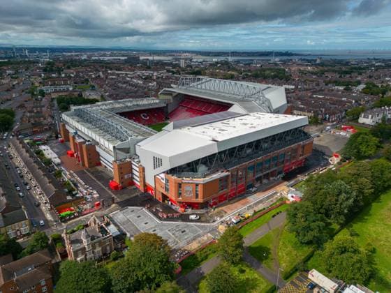 Sport Bilder des Tages Anfield Road Construction LIVERPOOL, ENGLAND - Tuesday, August 22, 2023: An aerial view of Anfield, the home stadium of Liverpool Football Club, showing the redevelopment of the Anfield Road expansion. The redevelopment of the stand was halted after the main contractor Buckingham Group filed for administration. LIVERPOOL Anfield MERSEYSIDE ENGLAND  Copyright: xDavidxRawcliffex P2023-08-22-Anfield_Road-2