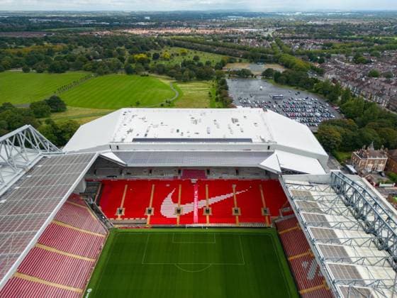 Anfield Road Construction LIVERPOOL, ENGLAND - Tuesday, August 22, 2023: An aerial view of Anfield, the home stadium of Liverpool Football Club, showing the redevelopment of the Anfield Road expansion. The redevelopment of the stand was halted after the main contractor Buckingham Group filed for administration. LIVERPOOL Anfield MERSEYSIDE ENGLAND  Copyright: xDavidxRawcliffex P2023-08-22-Anfield_Road-5