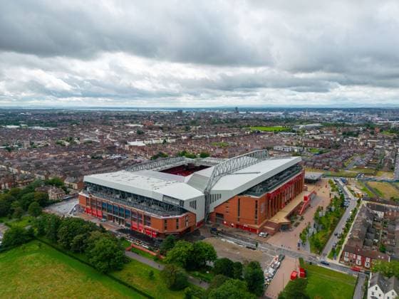 Anfield Road Construction LIVERPOOL, ENGLAND - Tuesday, August 22, 2023: An aerial view of Anfield, the home stadium of Liverpool Football Club, showing the redevelopment of the Anfield Road expansion. The redevelopment of the stand was halted after the main contractor Buckingham Group filed for administration. LIVERPOOL Anfield MERSEYSIDE ENGLAND  Copyright: xDavidxRawcliffex P2023-08-22-Anfield_Road-6