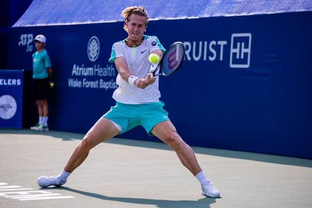 August 22, 2023: Sebastian Korda returns the ball during the second round of the 2023 Winston-Salem Open at Wake Forest Tennis Complex in Wnston-Salem, NC. ( ) Wnston-Salem United States - ZUMAc04_ 20230822_zma_c04_091 Copyright: xScottxKinserx