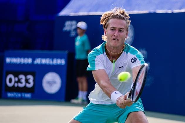 August 22, 2023: Sebastian Korda returns the ball during the second round of the 2023 Winston-Salem Open at Wake Forest Tennis Complex in Wnston-Salem, NC. ( ) Wnston-Salem United States - ZUMAc04_ 20230822_zma_c04_094 Copyright: xScottxKinserx